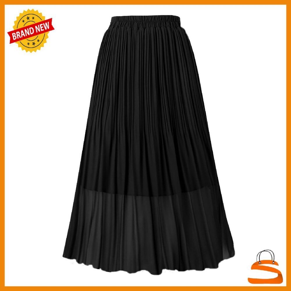 Chiffon Pleated Midi Skirt Elastic High Waist A-Line Knee Length
